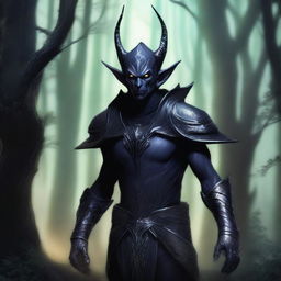 A detailed illustration of a dark elf with sharp features, pointed ears, and glowing eyes