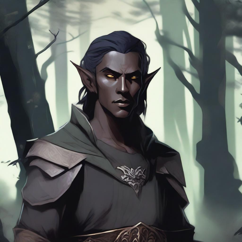 A detailed illustration of a half-dark elf with a mix of human and elven features