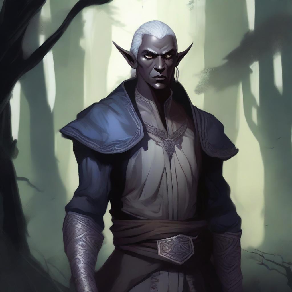 A detailed illustration of a half-dark elf with a mix of human and elven features