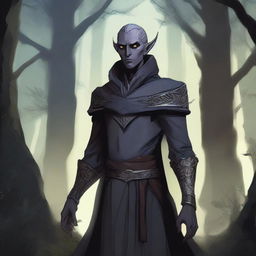 A detailed illustration of a half-dark elf with a mix of human and elven features