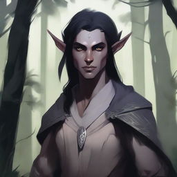 A detailed illustration of a half-dark elf with a mix of human and elven features