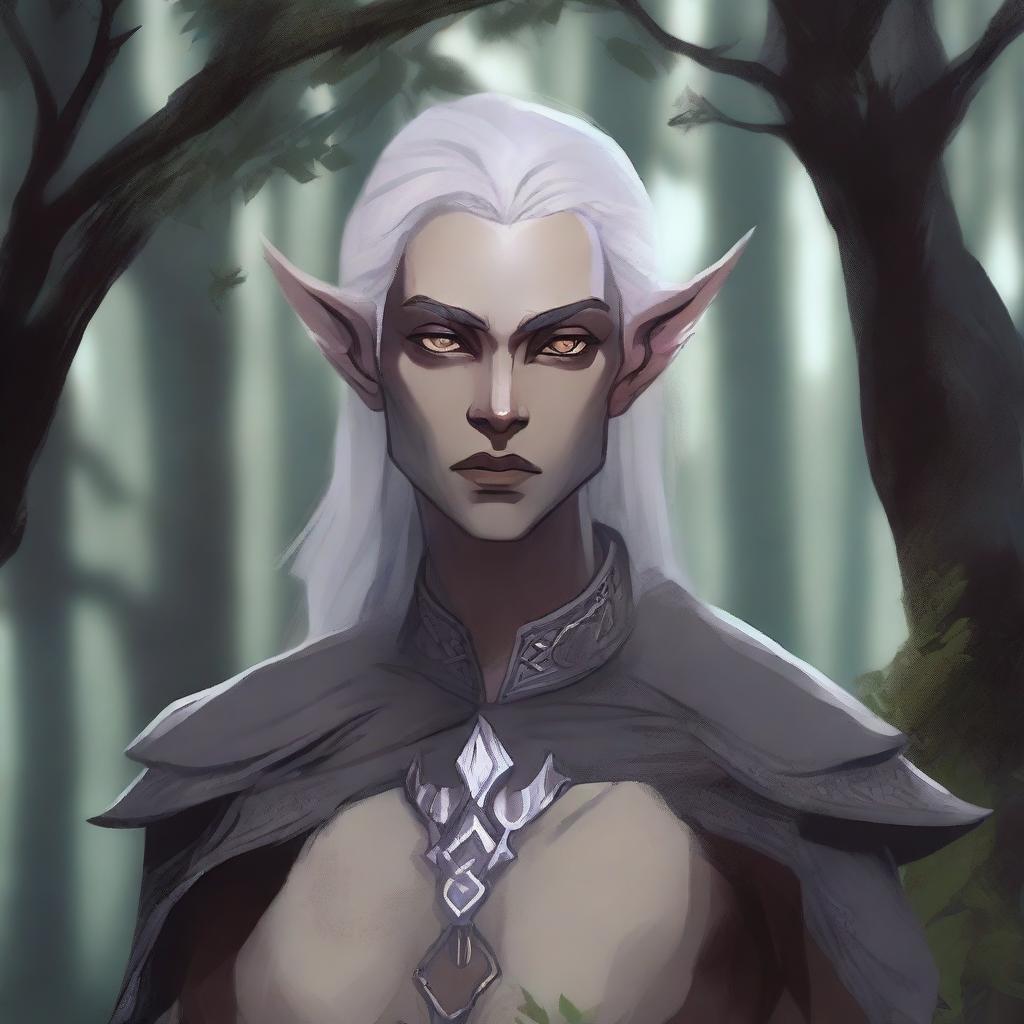 A detailed illustration of a half-dark elf with a mix of human and elven features