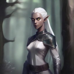 A detailed illustration of a half-dark elf with a mix of human and elven features