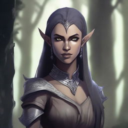 A detailed illustration of a half-dark elf with a mix of human and elven features