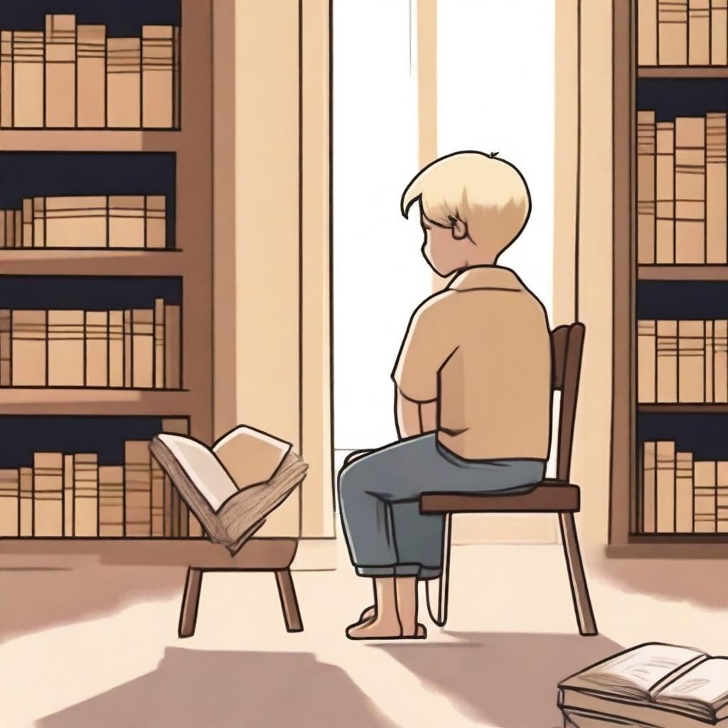 An indigenous boy with blonde hair sitting on a chair, seen from the back, asking for a book