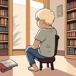 An indigenous boy with fair skin and blonde hair sitting on a chair, seen from the back, asking for a book