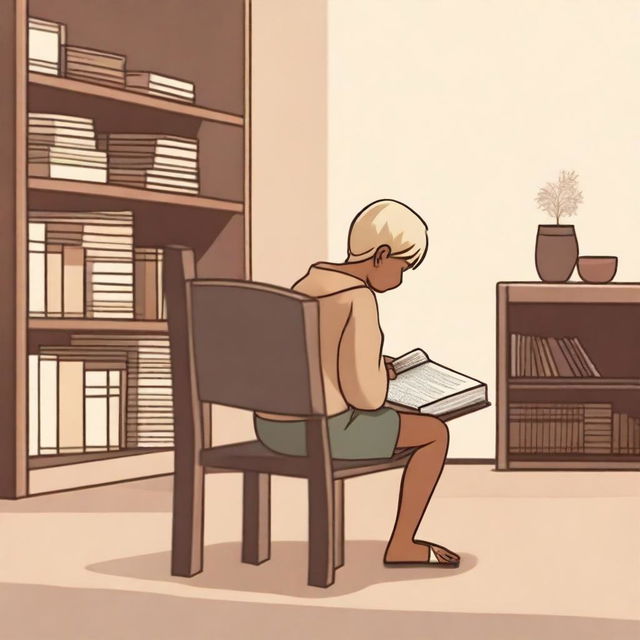 An indigenous boy with fair skin and blonde hair sitting on a chair, seen from the back, asking for a book