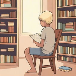 An indigenous boy with fair skin and blonde hair sitting on a chair, seen from the back, asking for a book