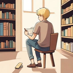 A boy with fair skin and blonde hair sitting on a chair, seen from the back, asking for a book