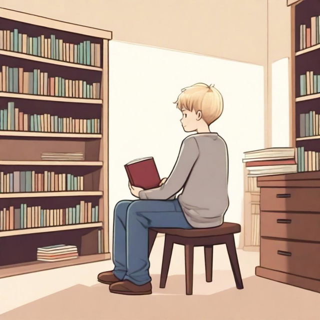 A boy with fair skin and blonde hair sitting on a chair, seen from the back, asking for a book