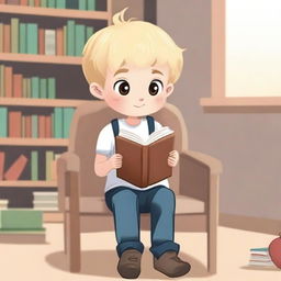 A boy with fair skin and blonde hair sitting on a chair, facing forward, asking for a book