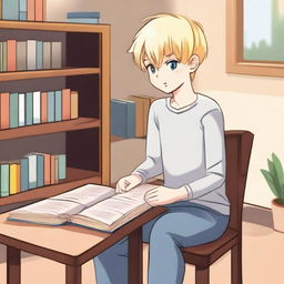 A boy with fair skin and blonde hair sitting on a chair, facing forward, asking for a book