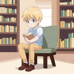 A boy with fair skin and blonde hair sitting on a chair, facing forward, asking for a book