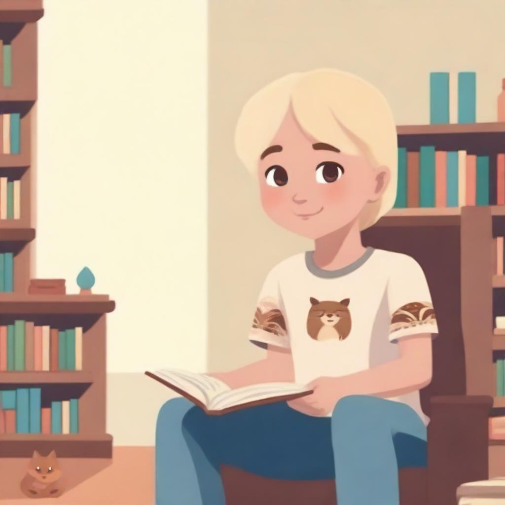 A boy with indigenous features, fair skin, and blonde hair sitting on a chair, asking for a book