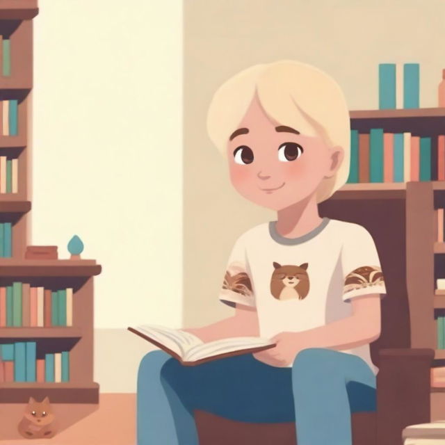 A boy with indigenous features, fair skin, and blonde hair sitting on a chair, asking for a book