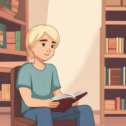 A boy with indigenous features, fair skin, and blonde hair sitting on a chair, asking for a book