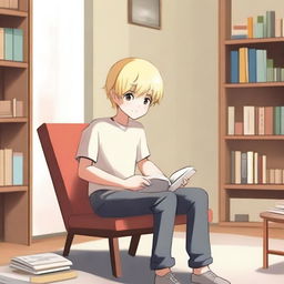 A boy with Japanese eye features, fair skin, and blonde hair sitting on a chair, asking for a book