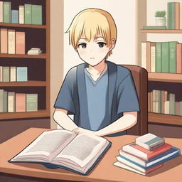 A boy with Japanese eye features, fair skin, and blonde hair sitting on a chair, asking for a book