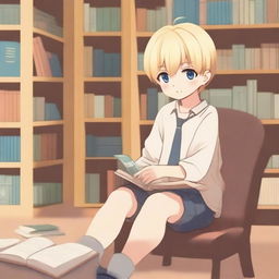 A boy with Japanese eye features, fair skin, and blonde hair sitting on a chair, asking for a book