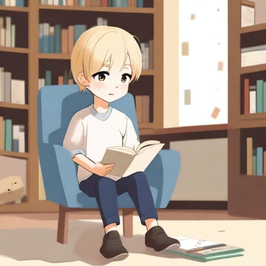 A boy with Japanese eye features, fair skin, and blonde hair sitting on a chair, asking for a book