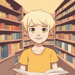 A boy with indigenous features, yellow eyes, fair skin, and blonde hair asking for a book in a bookstore