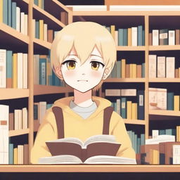 A boy with Japanese features, yellow eyes, fair skin, and blonde hair asking for a book in a bookstore