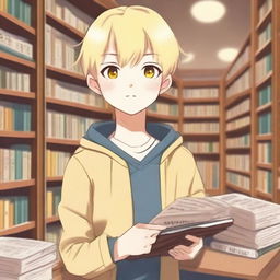 A boy with Japanese features, yellow eyes, fair skin, and blonde hair asking for a book in a bookstore