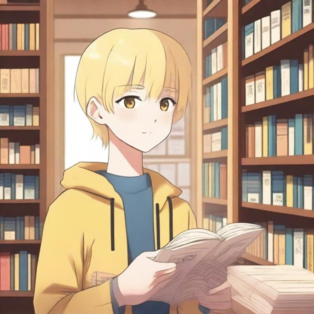 A boy with Japanese features, yellow eyes, fair skin, and blonde hair asking for a book in a bookstore