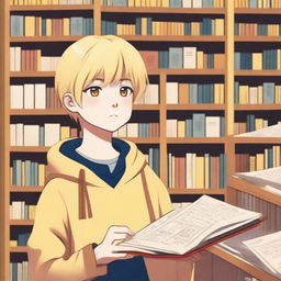 A boy with Japanese features, yellow eyes, fair skin, and blonde hair asking for a book in a bookstore