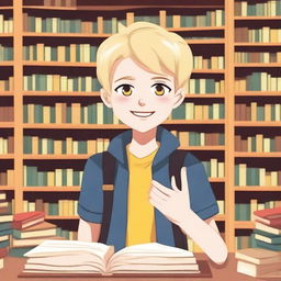 A cheerful boy with yellow eyes, fair skin, and blonde hair asking for a book in a bookstore