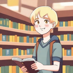 A cheerful boy with yellow eyes, fair skin, and blonde hair asking for a book in a bookstore