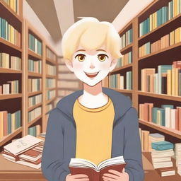 A cheerful boy with yellow eyes, fair skin, and blonde hair asking for a book in a bookstore