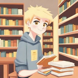 A cheerful boy with yellow eyes, fair skin, and blonde hair asking for a book in a bookstore