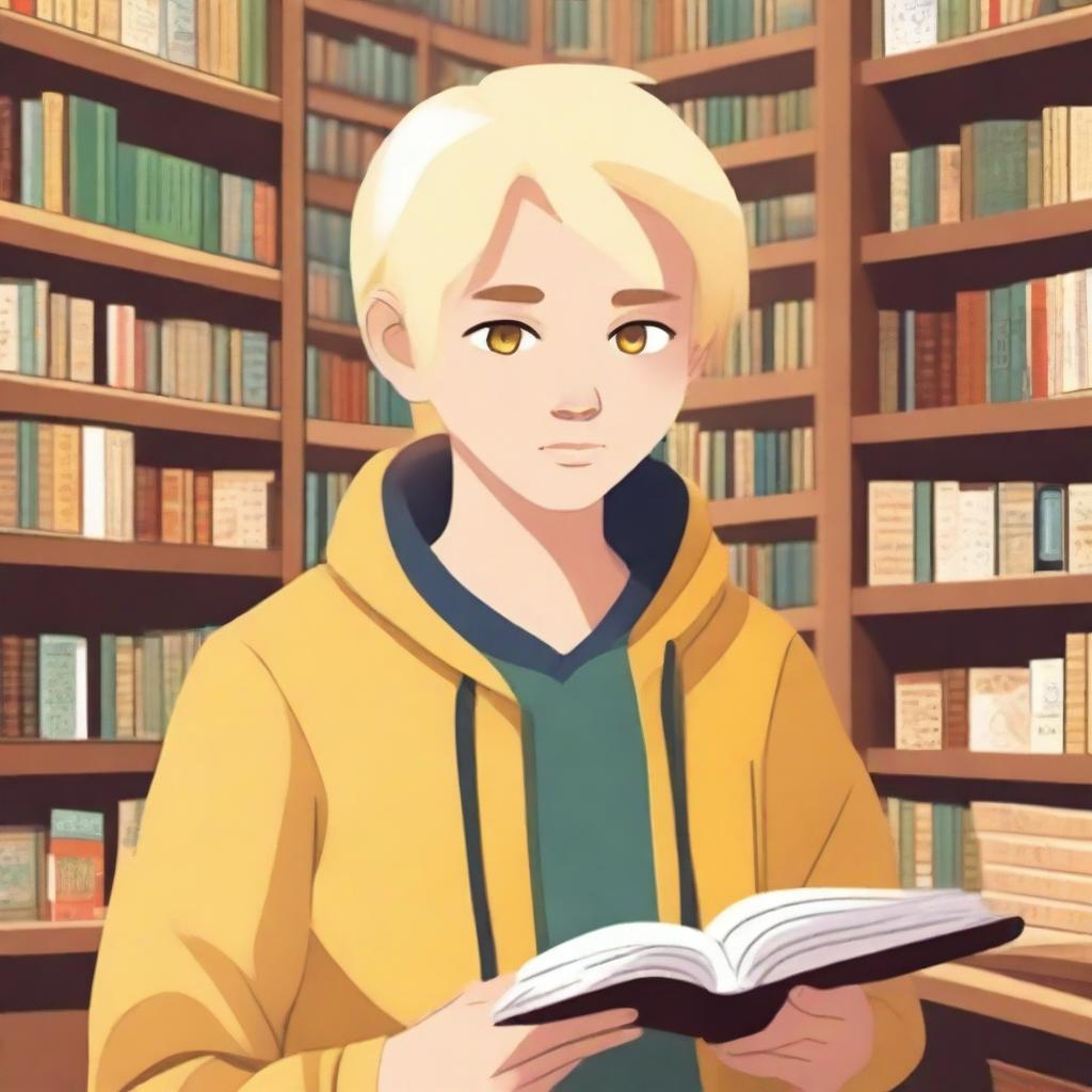 An indigenous boy with yellow eyes, fair skin, and blonde hair asking for a book in a bookstore