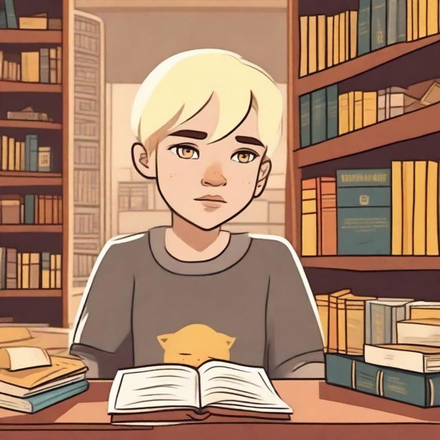 An indigenous boy with yellow eyes, fair skin, and blonde hair asking for a book in a bookstore