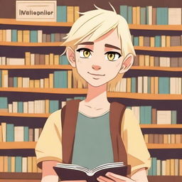 An indigenous boy with yellow eyes, fair skin, and blonde hair asking for a book in a bookstore