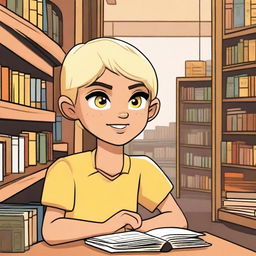 An indigenous boy with yellow eyes, fair skin, and blonde hair asking for a book in a bookstore