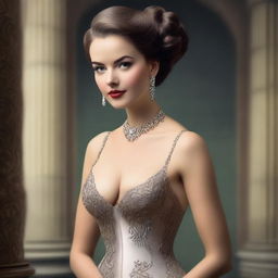 A portrait of a lady with an hourglass figure, dressed elegantly in a tasteful evening gown