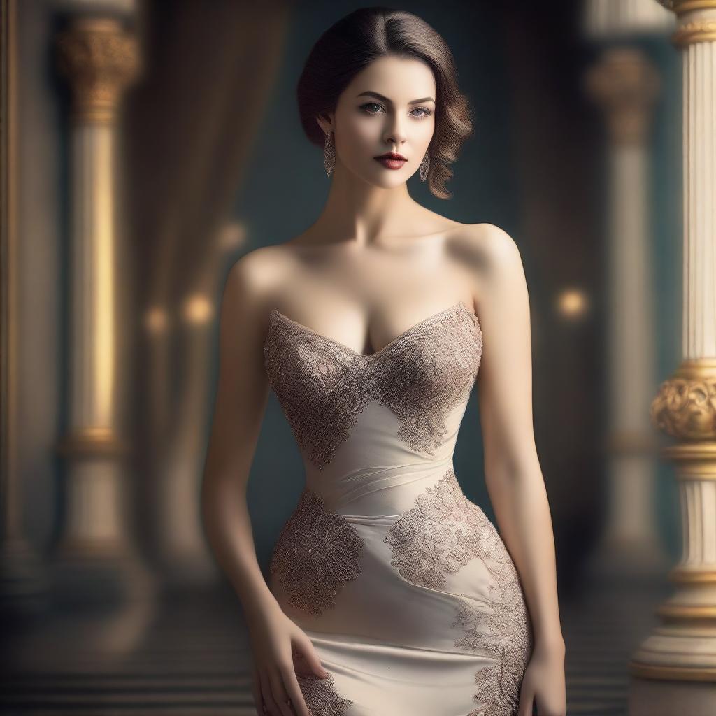 A portrait of a lady with an hourglass figure, dressed elegantly in a tasteful evening gown