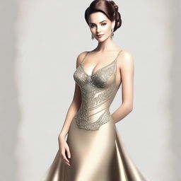 A portrait of a lady with an hourglass figure, dressed elegantly in a tasteful evening gown