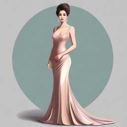 A portrait of a lady with an hourglass figure, dressed elegantly in a tasteful evening gown