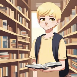 An indigenous boy with yellow eyes, fair skin, and blonde hair asking for a book in a bookstore