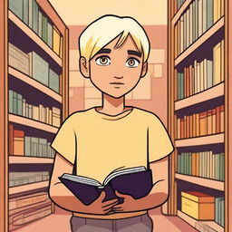 An indigenous boy with yellow eyes, fair skin, and blonde hair asking for a book in a bookstore