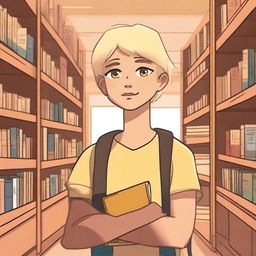 An indigenous boy with yellow eyes, fair skin, and blonde hair asking for a book in a bookstore