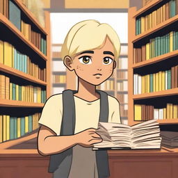 An indigenous boy with yellow eyes, fair skin, and blonde hair asking for a book in a bookstore