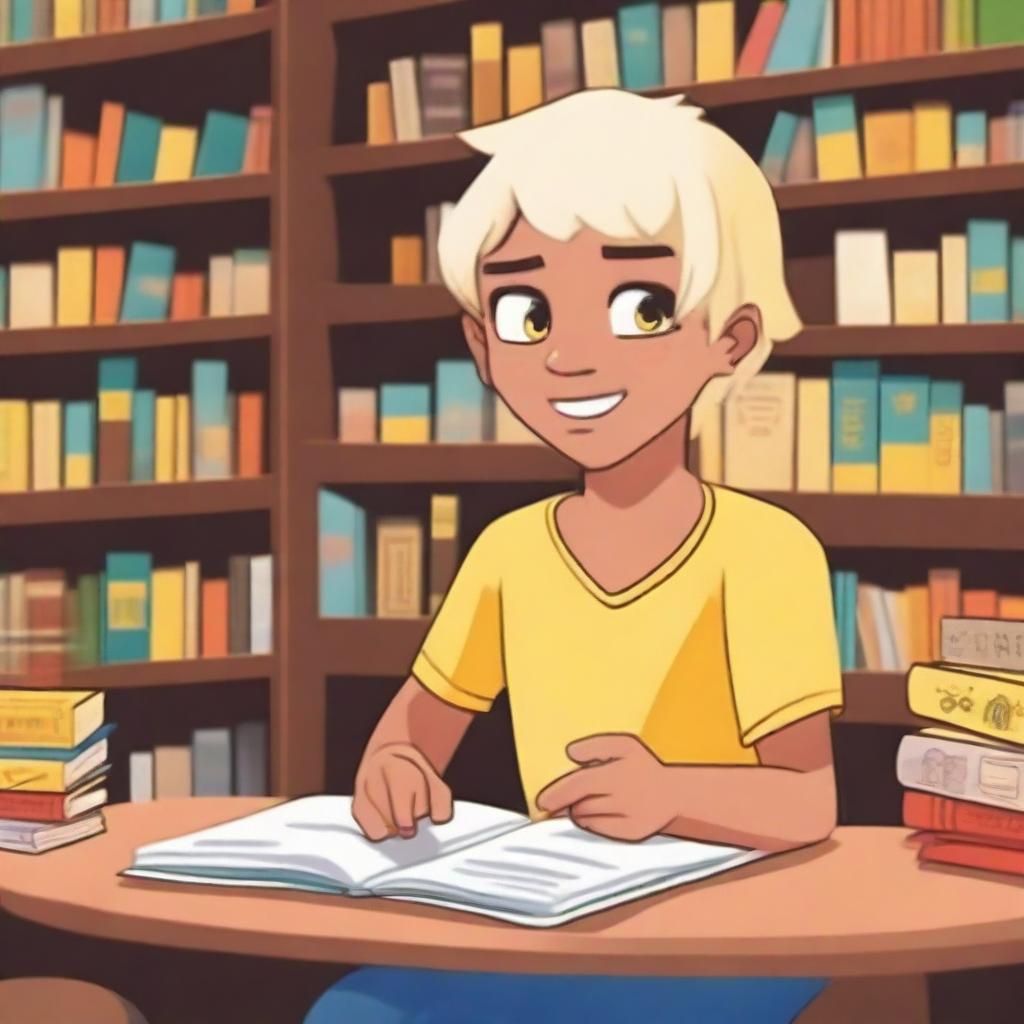 An 8-year-old indigenous boy with yellow eyes, fair skin, and blonde hair asking for a book in a bookstore