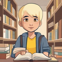 An 8-year-old indigenous boy with yellow eyes, fair skin, and blonde hair asking for a book in a bookstore