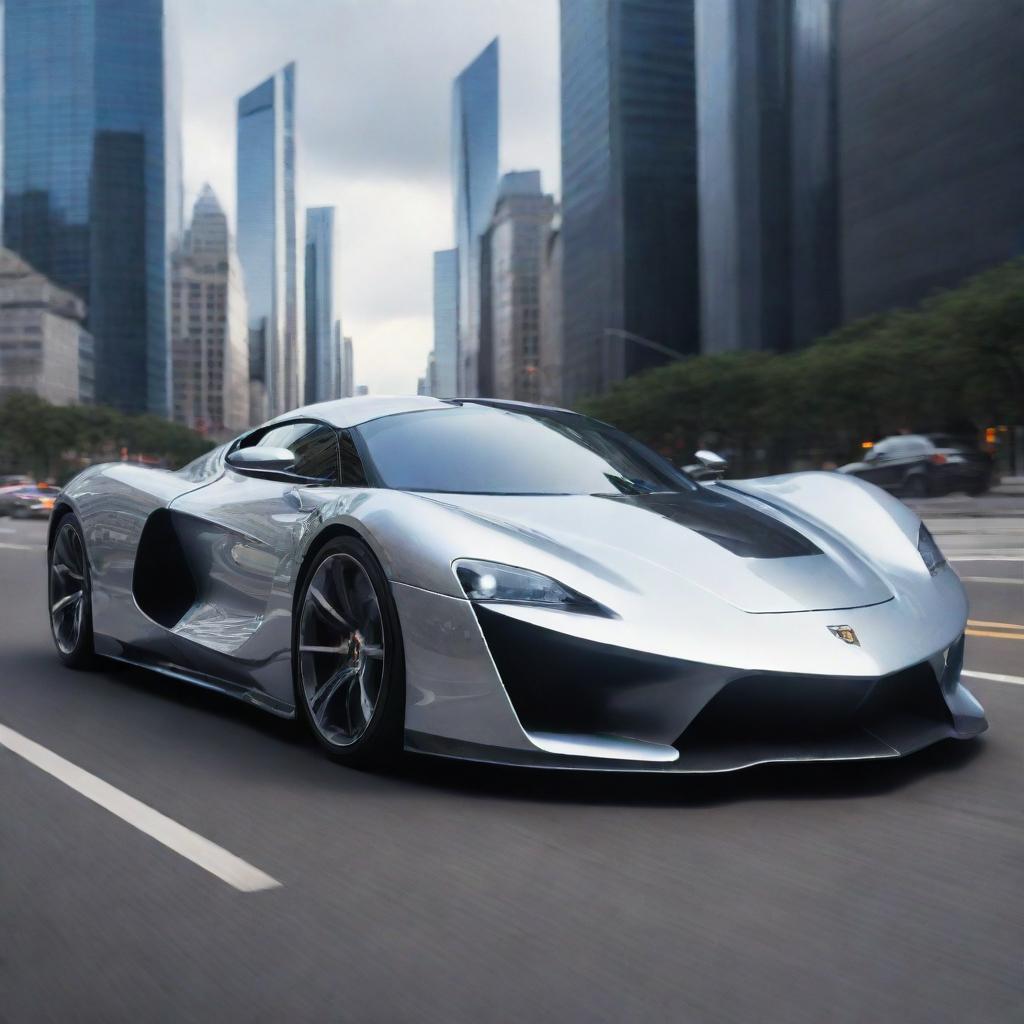 A futuristic supercar gleaming with advanced technology in a gorgeous metallic finish zooming across a polished, ultra-modern cityscape.