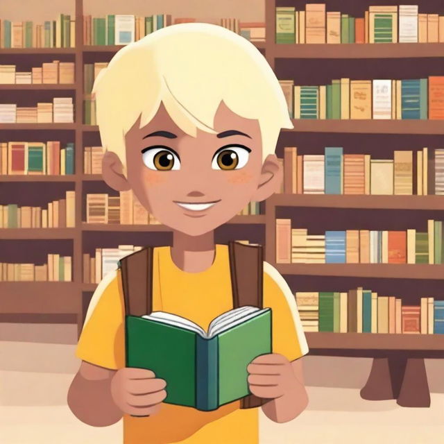 An 8-year-old indigenous boy with yellow eyes, fair skin, and blonde hair asking for a book in a bookstore