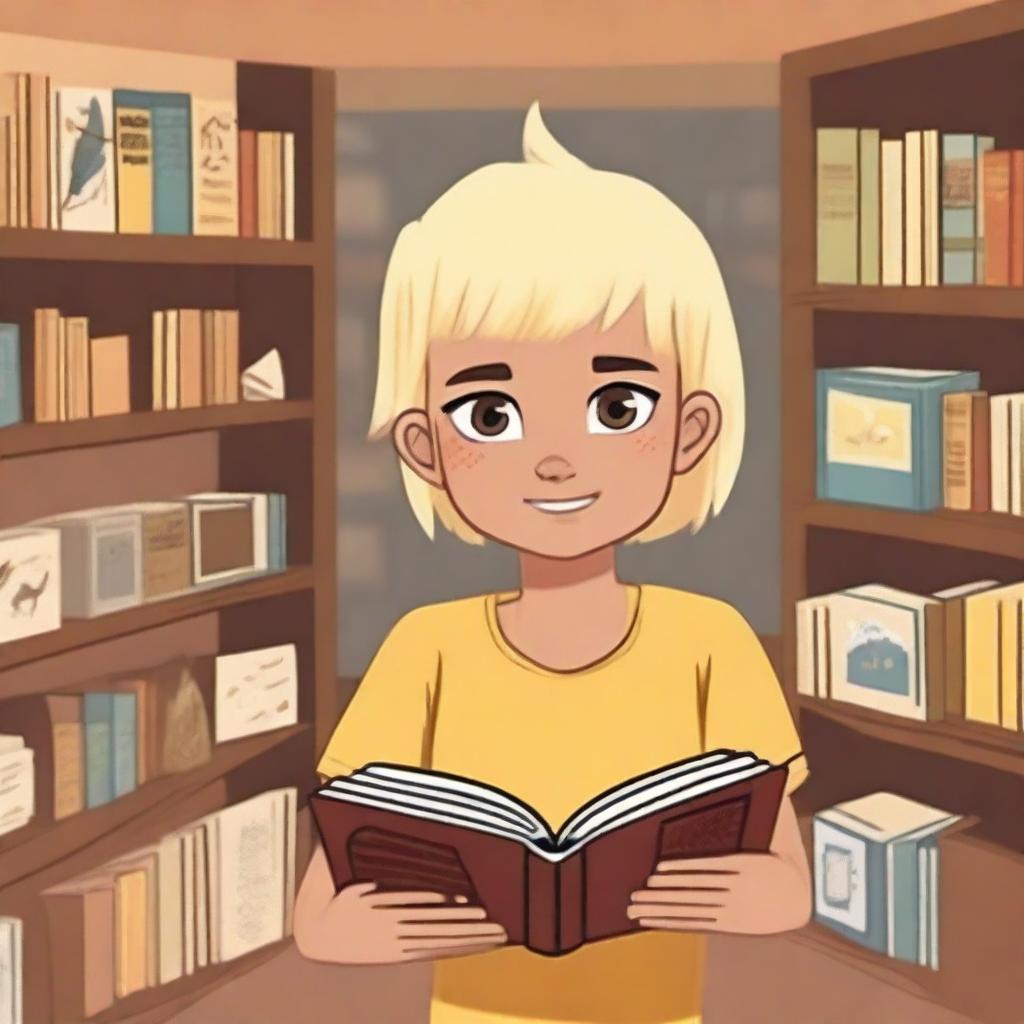 An 8-year-old indigenous boy with fair skin, yellow eyes, and blonde hair asking for a book in a bookstore